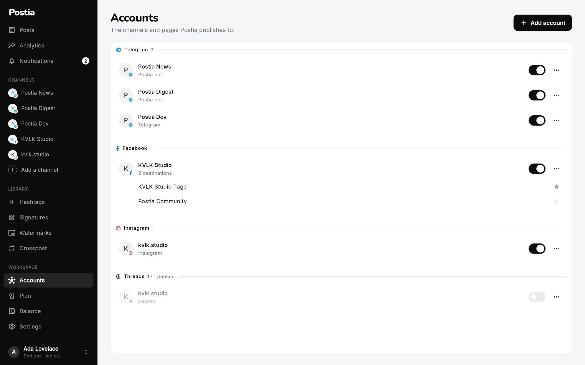 The Accounts screen in Postia, with connected channels grouped by network: several on Telegram, a Facebook page, an Instagram account and a paused Threads account.